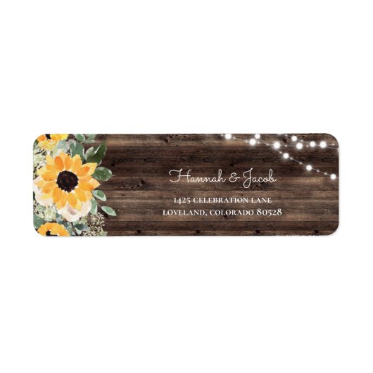 Étiquette Adresse de retour de mariage en bois de tournesol (Devant)