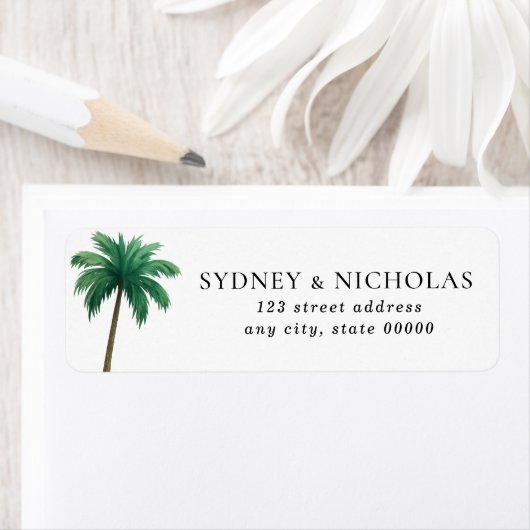 Étiquette Adresse de retour de mariage minimaliste avec palm (En situation)