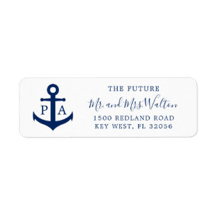 Étiquette Adresse de retour de mariage nautique à monogramme