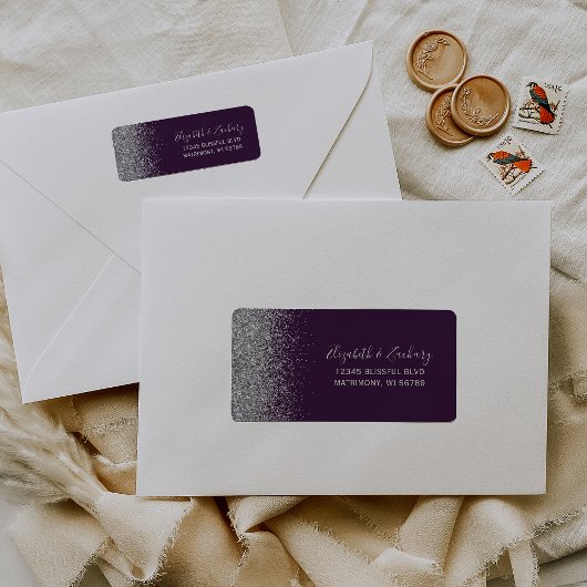 Étiquette Adresse de Retour de Mariage Pailletée Violet Fonc