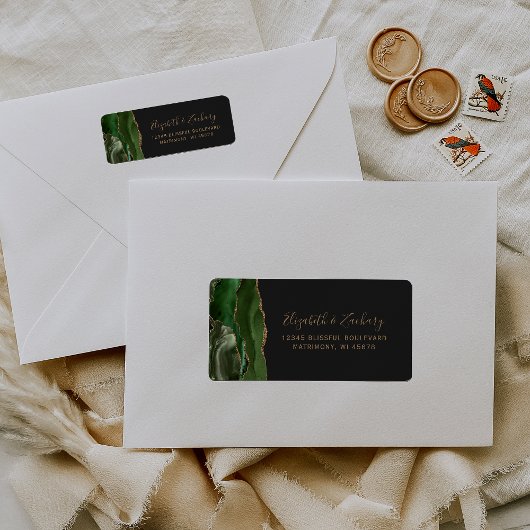 Étiquette Adresse de Retour de Mariage Vert Or Agate Foncé