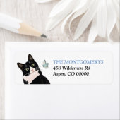 Étiquette Adresse de retour de Tuxedo Cat et Blue Butterfly (En situation)