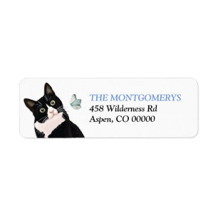 Étiquette Adresse de retour de Tuxedo Cat et Blue Butterfly