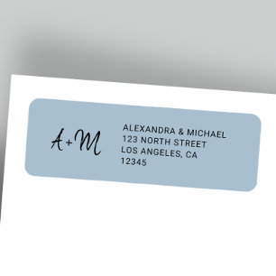 Étiquette Adresse de retour du mariage bleu poussiéreux mono