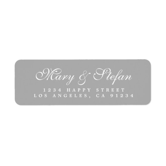 Étiquette Adresse de retour du Mariage gris de script chic (Devant)