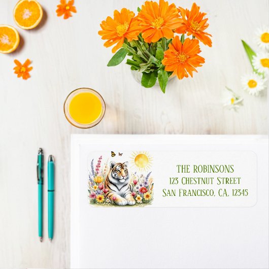 Étiquette Adresse de retour du tigre d'aquarelle de printemp
