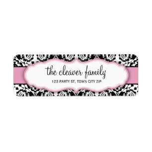 Étiquette ADRESSE DE RETOUR élégant damassé noir pastel rose