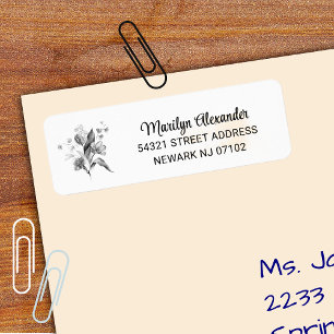 Étiquette Adresse de Retour Florale Noir & Blanc Minimaliste