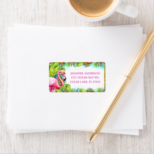 Étiquette Adresse de retour Fun Flamingo Tropical Aloha (En situation)