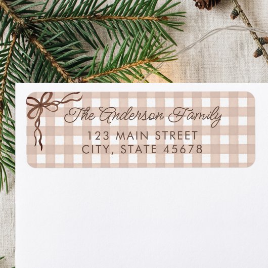 Étiquette Adresse de Retour Gingham Aquarelle Marron