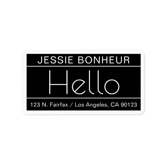 Étiquette Adresse de retour moderne avec mot "Hello" Noir & (Devant)