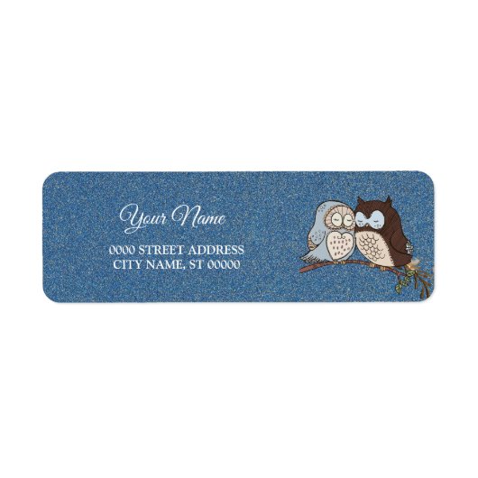 Étiquette Adresse de Retour Pailletée Chouette Bleu Mariage  (Devant)