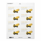 Étiquette Adresse du camion de vidage de construction jaune (Feuille entière)