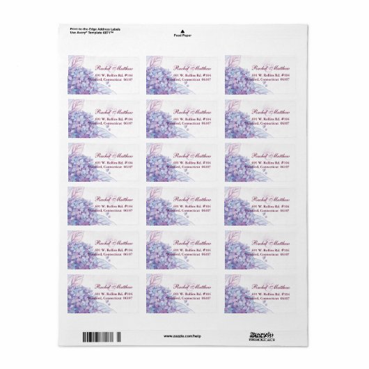 Étiquette Adresse du Mariage Lavender Hydrangeas (Feuille entière)