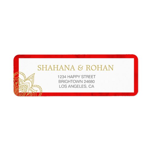 Étiquette Adresse du Mariage Red Gold Chic de style indien (Devant)