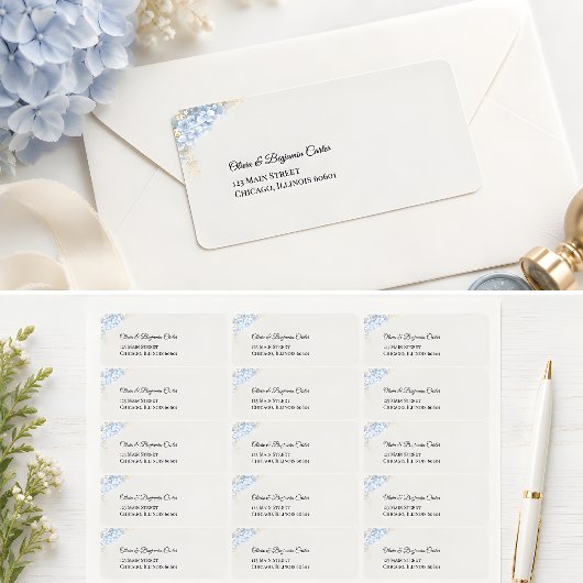 Étiquette Adresse Fleur d'Hydrangea Bleu Poussiéreux de Luxe