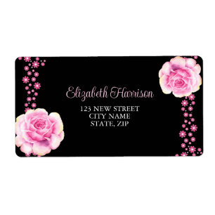 Étiquette Adresse Fleur Rose Rose Élégante Noire