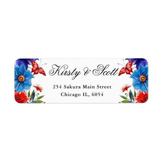 Étiquette Adresse Fleurs d'été rouges et bleues (Devant)