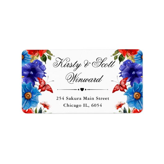 Étiquette Adresse Fleurs d'été rouges et bleues (Devant)