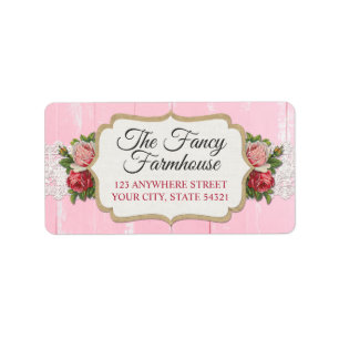 Étiquette Adresse Fleurs Roses Floral Rose Pâle Bois Rustiqu