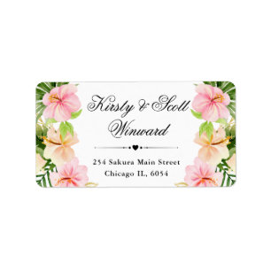 Étiquette Adresse Fleurs tropicales roses aquarelle