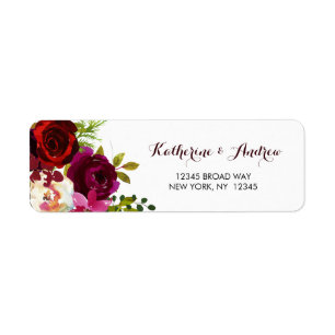 Étiquette Adresse florale d'aquarelle de Bourgogne Marsala