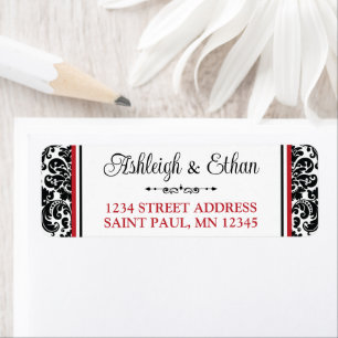 Étiquette Adresse Mariage damassé Rouge, Blanc Noir