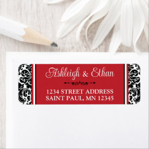 Étiquette Adresse Mariage damassé Rouge, Blanc Noir