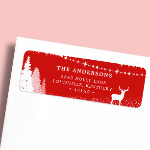 Étiquette Adresse Rouge Cerf de Bois Rustique d'Hiver