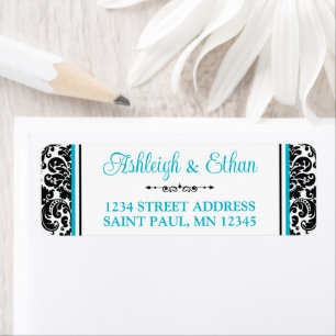Étiquette Adresse Turquoise, Black White Mariage damassé