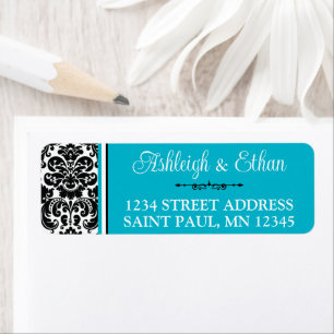 Étiquette Adresse Turquoise, Black White Mariage damassé