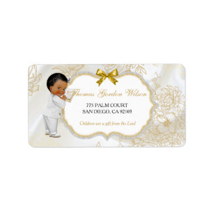 Étiquette African American Baby Boy Baptism Gold White