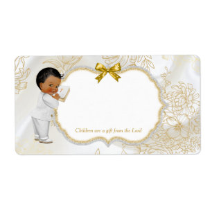 Étiquette African American Baby Boy Baptism Gold White