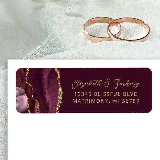 Étiquette Agate Burgundy Mariage Gold Adresse de retour