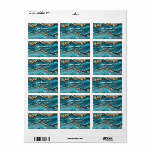 Étiquette Agate de Parties scintillant Turquoise et Or (Feuille entière)