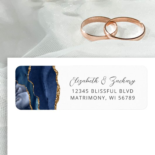 Étiquette Agate Navy Blue Gold Mariage Adresse de retour
