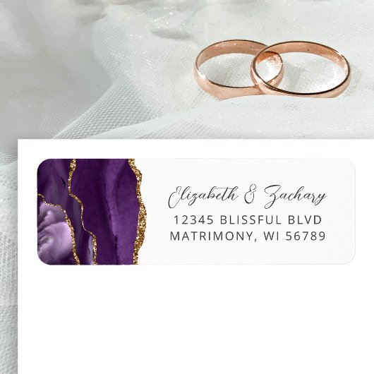 Étiquette Agate Purple Gold Mariage Adresse de retour