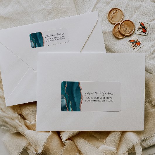 Étiquette Agate Teal Rose Gold Wedding Return Address
