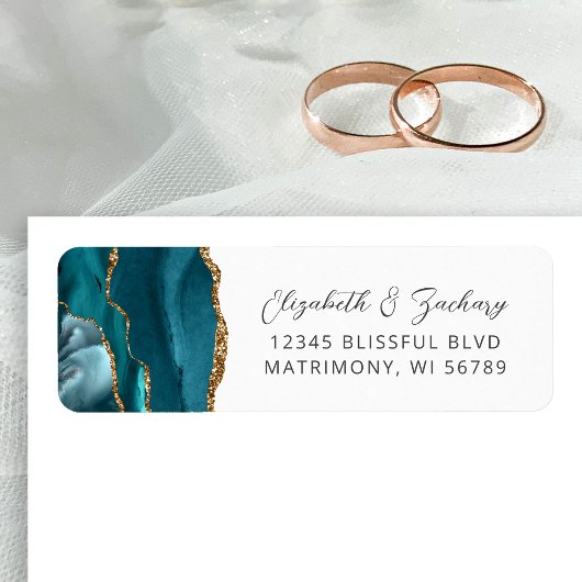 Étiquette Agate Turquoise Blue Gold Mariage Adresse de retou