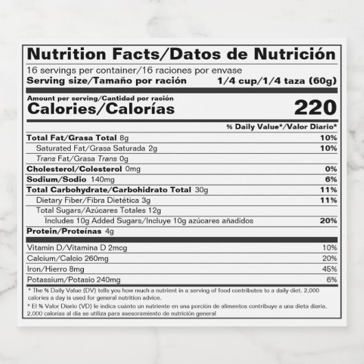 ÉTIQUETTE alimentaire bilingue conforme à la FDA (Étiquettes simples)