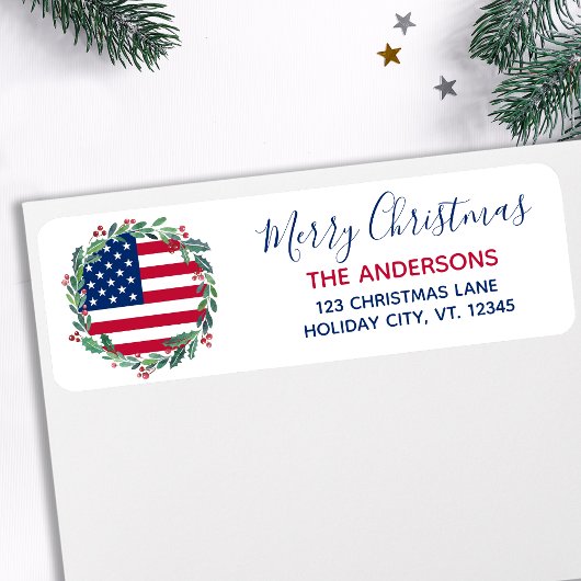 Étiquette American Flag Patriotic Christmas Return Adresse