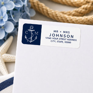 Étiquette Ancre de croquis blanc nautical Monogramme Navy