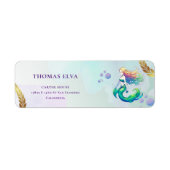 Étiquette Anniversaire de sirène pourpre et or sous la mer (Devant)