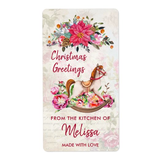 Étiquette Antique Cheval de Jouet & Poinsettia cuisine de No (Devant)