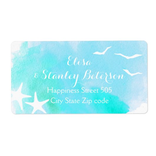 Étiquette Aqua aquarelle et mariage d'étoiles de mer (Devant)