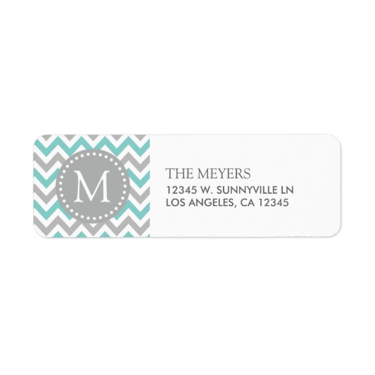 Étiquette Aqua Blue et Grey Modern Chevron avec Monogram (Devant)