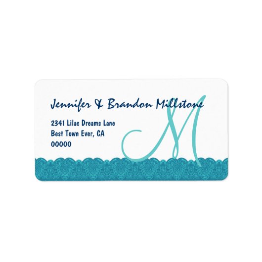 Étiquette Aqua et blanc Damask Monogram Mariage frontière de (Devant)