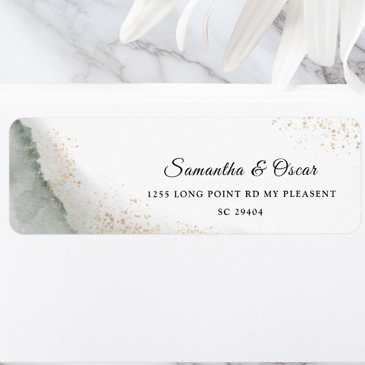 Étiquette Aquarelle Abstraite Traits de Pinceau Verts & Or