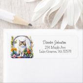 Étiquette Aquarelle adorable Chat dans la fenêtre de fleurs (En situation)