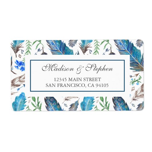 Étiquette Aquarelle bleu Boho Aztec - Mariage (Devant)